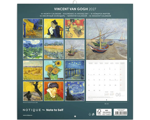 Nástenný kalendár 2027 Vincent van Gogh na 16 mesiacov, rozmery 30 krát 60 centimetrov, umelecký kalendár s obrazmi Vincenta van Gogha.