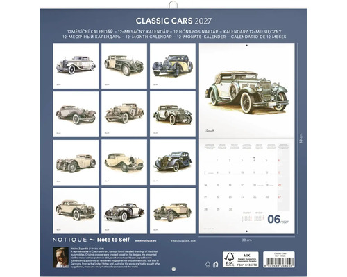 Nástenný kalendár 2027 Classic Cars s ilustráciami historických vozidiel od Václava Zapadlíka, formát 30 krát 60 centimetrov, certifikát FSC