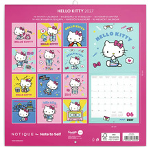Nástenný kalendár Hello Kitty 2027, 16 mesiacov, formát 30 krát 60 centimetrov, s rôznymi ilustráciami Hello Kitty a prehľadom kalendára.