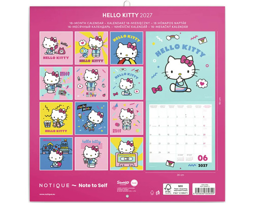 Nástenný kalendár Hello Kitty 2027, 16 mesiacov, formát 30 krát 60 centimetrov, s rôznymi ilustráciami Hello Kitty a prehľadom kalendára.
