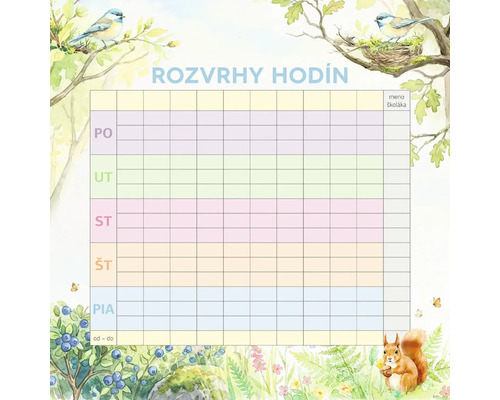 Rozvrh hodín pre školákov s motívom lesa, vtáčikmi a veveričkou, v akvarelovom štýle.