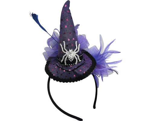 Čelenka s klobúkom čarodejnice s motívom pavúka a perím ako kostýmový doplnok na Halloween