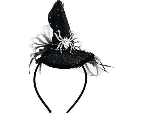 Halloweenska celenka s mini carodejnickym kloboukom s motivom pavuka a perim