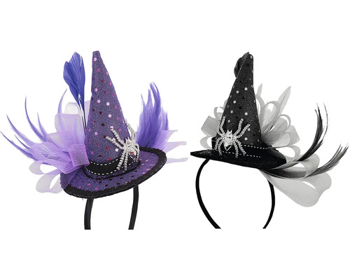 Dva čelenkové klobúky čarodejnice na Halloween s pavúčou ozdobou a perím