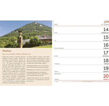 List nástenného kalendára na jún 2027 so snímkou obce Vlkolínec a podrobnými informáciami o slovenskom kultúrnom dedičstve.