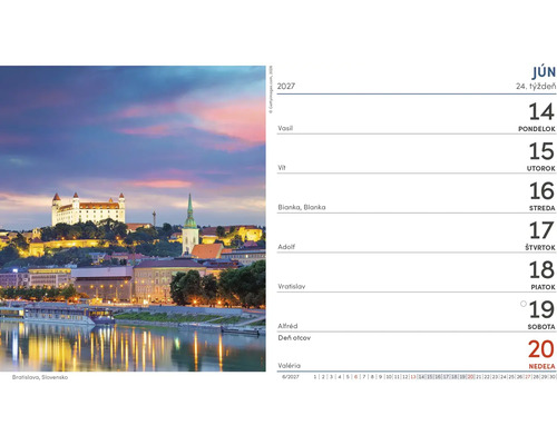 List nástenného kalendára na jún 2027 s večerným pohľadom na Bratislavský hrad nad Dunajom.