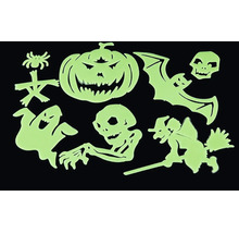 Sada svietiacich halloweenskych nálepiek na stenu s motívmi tekvice, ducha, netopiera a kostlivca na dekoratívne účely.