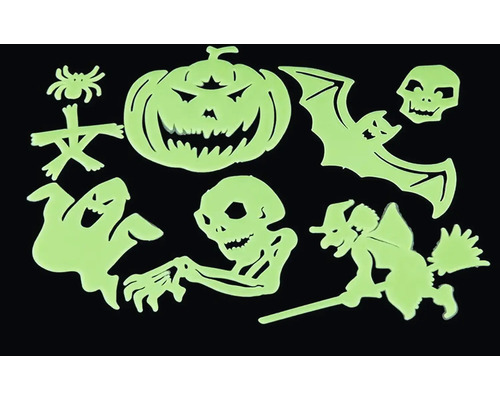 Sada svietiacich halloweenskych nálepiek na stenu s motívmi tekvice, ducha, netopiera a kostlivca na dekoratívne účely.