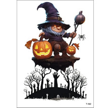 Halloweenská nálepka na okno s postavičkou trpaslíka, tekvicami a cintorínskou scénou na jesennú dekoráciu.