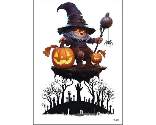 Halloweenská nálepka na okno s postavičkou trpaslíka, tekvicami a cintorínskou scénou na jesennú dekoráciu.