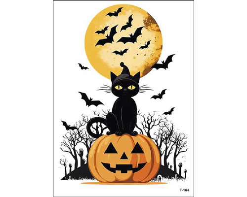 Halloweenská okenná dekorácia s čiernou mačkou na tekvici pred splnom mesiaca s lietajúcimi netopiermi a holými stromami