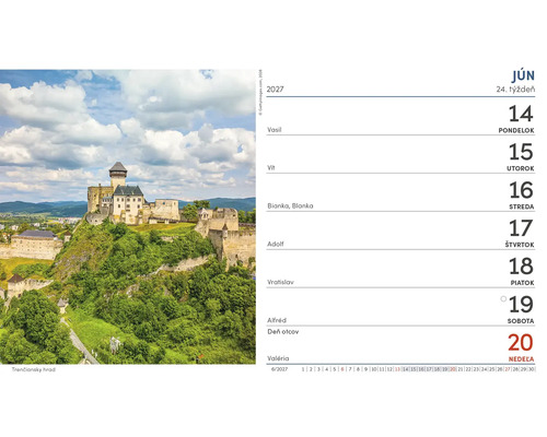 List nástenného kalendára na jún 2027 s fotografiou Trenčianskeho hradu a týždenným prehľadom pre dvadsiaty štvrtý kalendárny týždeň.