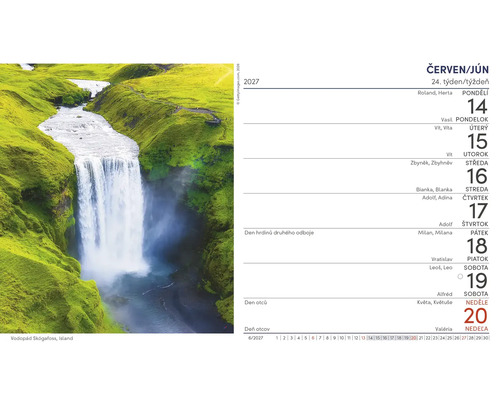 List nástenného kalendára na jún 2027 s fotografiou vodopádu Skogafoss na Islande a tabuľkovým prehľadom týždňa.