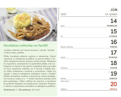 Kalendárový list na jún 2027 s receptom na hovädziu roštenku na fenikli a zoznamom kalendárnych dní.