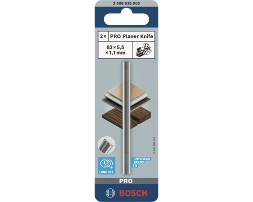 Dva hobľovacie nože Bosch PRO s rozmermi 82 krát 5,5 krát 1,1 milimetrov pre elektrické hoblíky na blistrovom obale.