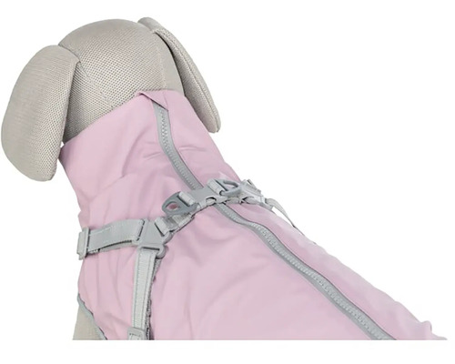 Pes má oblečený psí kabát s integrovaným postrojom a zapínaním na zips na chrbte.