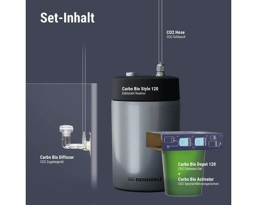 CO2 hnojivý set Dennerle Carbo Bio Style 120 s nerezovým reaktorom, difúzorom, hadičkou a CO2 depozitom pre akvária.