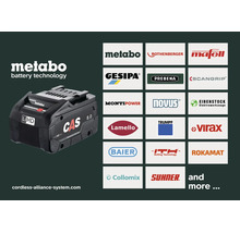 Akumulátor Metabo LiHD s logom Cordless Alliance System a logami zúčastnených partnerských značiek.