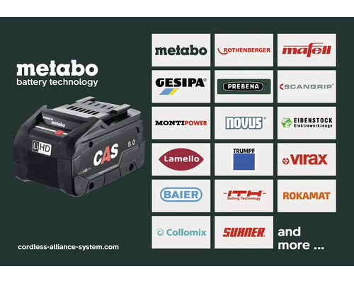 Akumulátor Metabo LiHD s logom Cordless Alliance System a logami zúčastnených partnerských značiek.