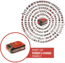 Akumulátorový systém Einhell Power X-Change so širokou škálou kompatibilného náradia a záhradnej techniky v prehľade usporiadanom do špirály.