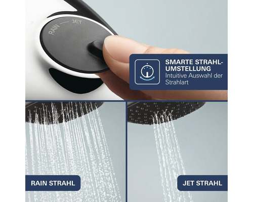 Ručná sprcha s nastaviteľným prúdom medzi režimami Rain a Jet pomocou tlačidla pre intuitívne prepínanie typu prúdu.
