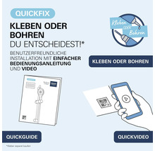 Inštalačná pomôcka Grohe QuickFix s možnosťou výberu medzi lepením alebo vŕtaním, vrátane rýchleho sprievodcu a video návodu na montáž.