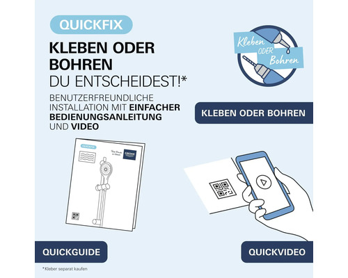 Inštalačná pomôcka Grohe QuickFix s možnosťou výberu medzi lepením alebo vŕtaním, vrátane rýchleho sprievodcu a video návodu na montáž.