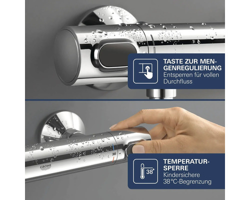 Termostatická batéria Grohe s ovládaním prietoku a bezpečnostnou poistkou na 38 stupňov Celzia.