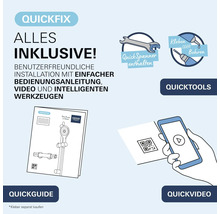 Infografika pre instalacny system Grohe QuickFix s klucom QuickSpanner, navodom na montaz, QR kodom pre video a moznostou lepenia alebo vrtania.