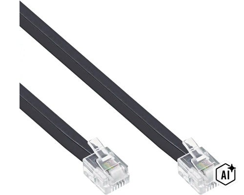 Plochý telefónny kábel s dvoma konektormi RJ11 na pripojenie telefónov a smerovačov (Image AI modified or generated)