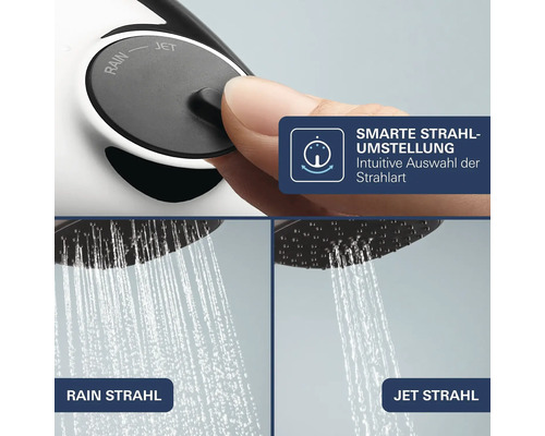 Ručná sprcha s manuálnym prepínaním medzi prúdom Rain a Jet otočením nastavovacieho gombíka pre individuálny zážitok zo sprchovania.
