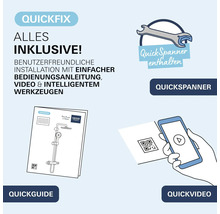 Inštalačná súprava Grohe QuickFix s náradím QuickSpanner príručkou QuickGuide a videom QuickVideo na jednoduchú montáž sprchových systémov.