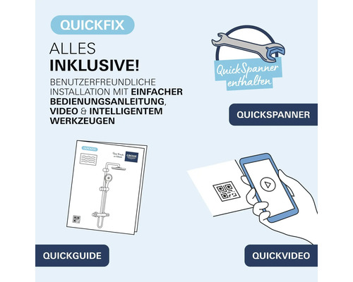 Inštalačná súprava Grohe QuickFix s náradím QuickSpanner príručkou QuickGuide a videom QuickVideo na jednoduchú montáž sprchových systémov.
