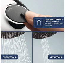 Ručná sprcha s nastaviteľným prúdom medzi režimami Rain a Jet pomocou tlačidla pre intuitívne prepínanie typu prúdu.
