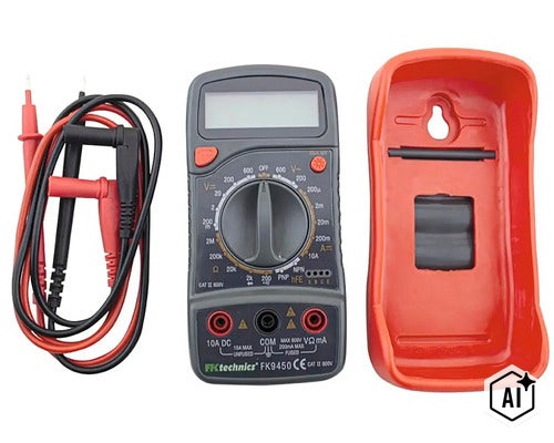 Digitálny multimeter FK9450 od značky FKtechnics vrátane meracích káblov a ochranného puzdra na meranie napätia prúdu a odporu (Image AI modified or generated)