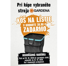 Propagačná grafika Gardena pre kôš na lístie zadarmo pri kúpe vybraných strojov Gardena v kamennej predajni.