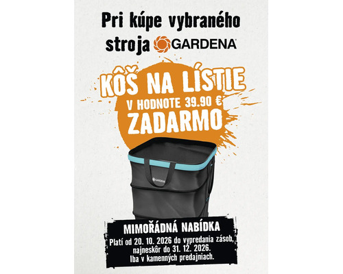 Propagačná grafika Gardena pre kôš na lístie zadarmo pri kúpe vybraných strojov Gardena v kamennej predajni.