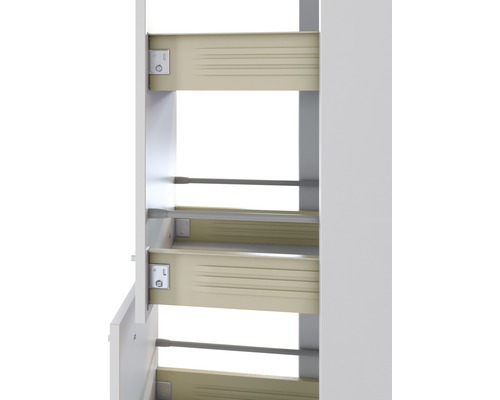 Výsuv z bielej nábytkovej skrine so zásuvkami