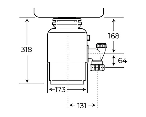 Technický nákres kuchynského drviča odpadu s rozmermi