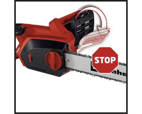 Elektrická reťazová píla so symbolom Stop pre bezpečnostné pokyny