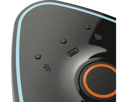 Detail zariadenia so symbolom Bluetooth, indikátorom batérie a ovládacími tlačidlami