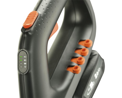 Detailný pohľad na nožnice na trávu s ovládacími prvkami a indikátorom batérie