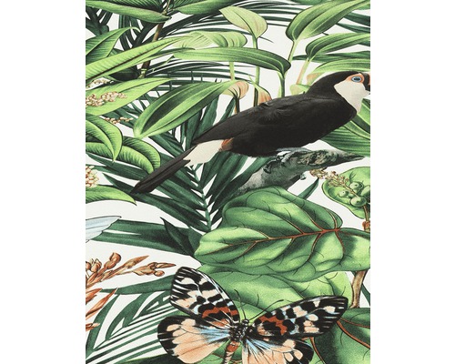 Dekoračná tapeta s tropickým vzorom, listami, motýľmi a vtákom