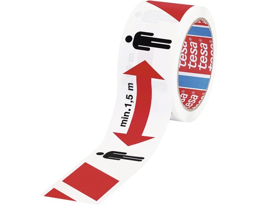 Značkovacia páska Tesa s pokynom na dodržiavanie vzdialenosti minimálne 1,5 metra.