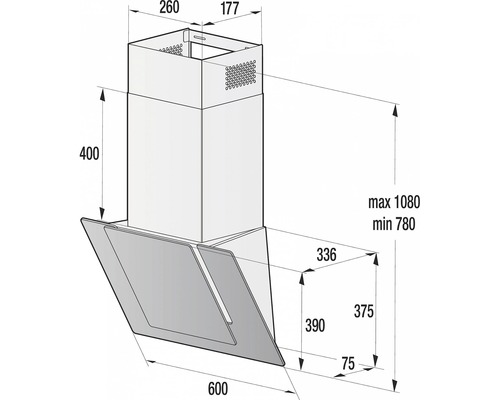 Technický nákres digestora s rozmermi.