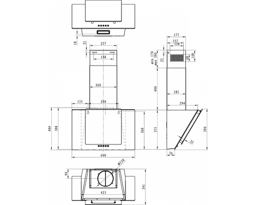 Technický nákres odsávača pár s rozmermi