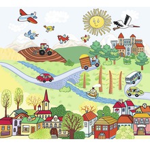 Ilustrácia krajiny s domami, vozidlami a prírodou