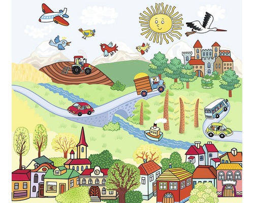 Ilustrácia krajiny s domami, vozidlami a prírodou