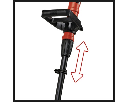 Detailný pohľad na vyžínač s nastaviteľnou rukoväťou a šípkou ukazujúcou nastavenie výšky