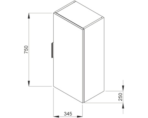 Technický nákres vysokej skrine s rozmermi.